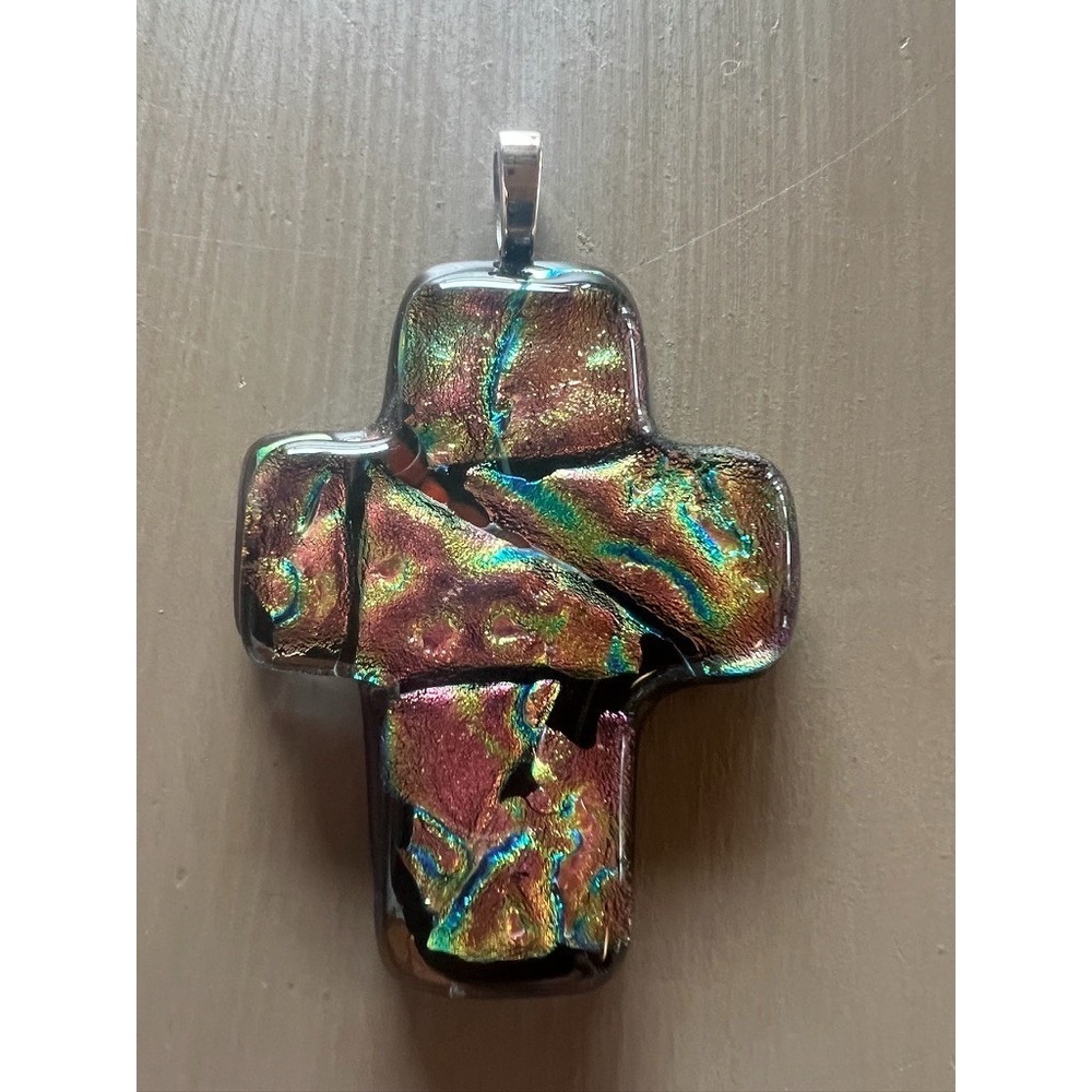 Handmade Dichroic Glass Cross Pendant Fused Art Glass‎ Iridescent Artisian 3"